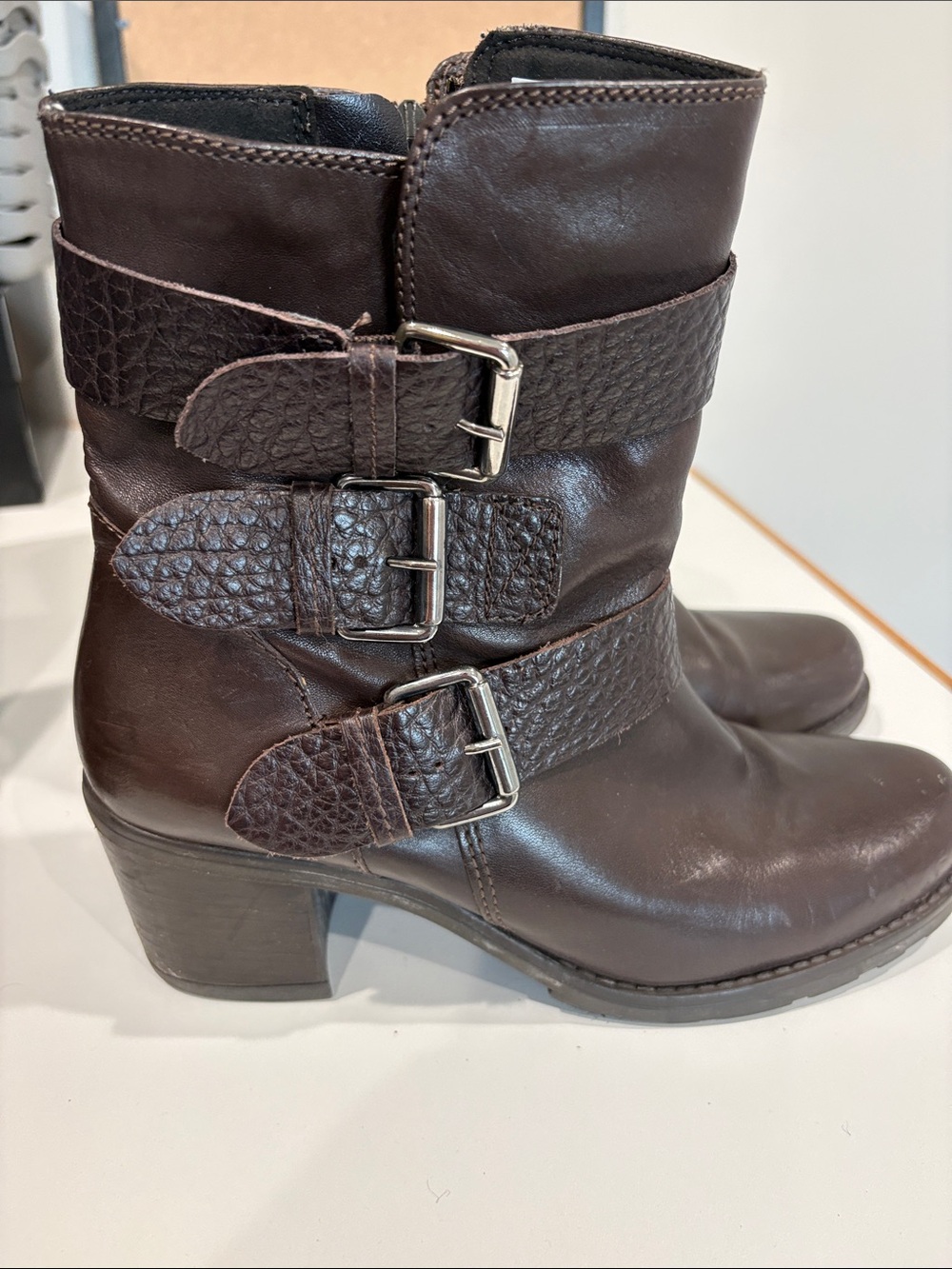 Clarks Chocolate Brown Leather Buckle Heeled Ankle Boots